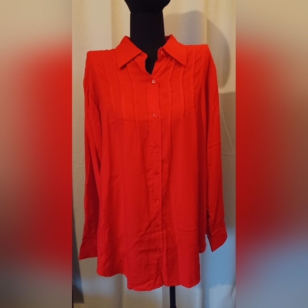 Collections Etc Red Button Down Roll Sleeve Tunic Top